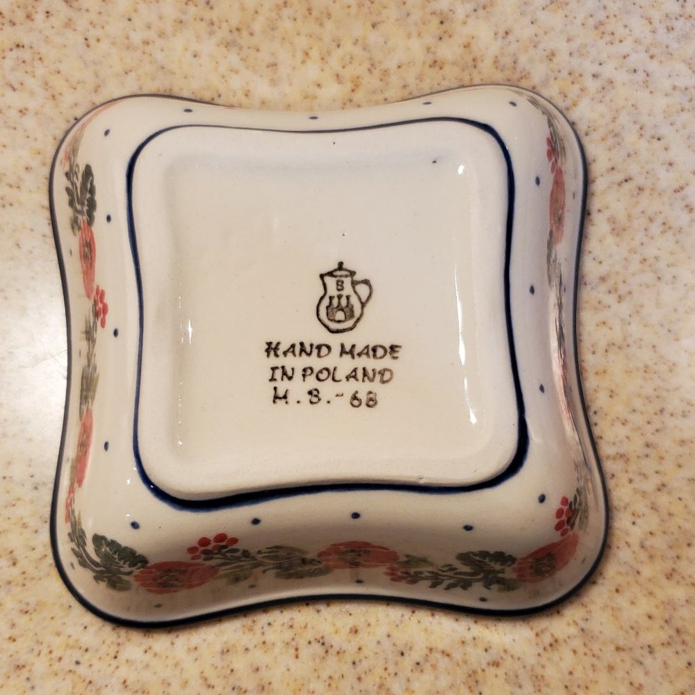 Square Wavy Edge Condiment Bowl Dish Handmade in Poland "Polish Wreath" … - Picture 4 of 6